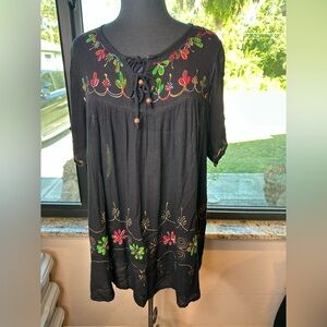 Sacred Threads Floral Embroidered Sheer Black Mini Dress Cover Up One Size